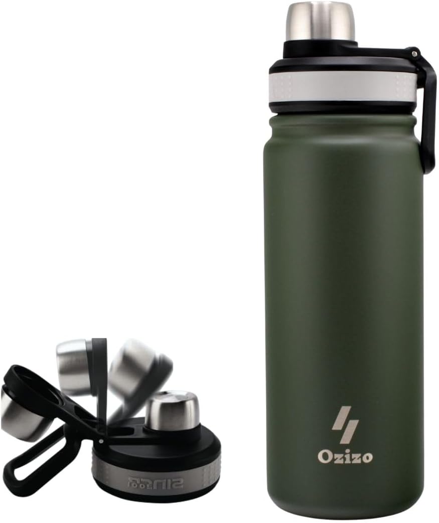 Ozizo Botella de agua deportiva con tapa abatible, botella de agua de acero inoxidable aislada de 22 onzas con tapa de boquilla, botella de agua,