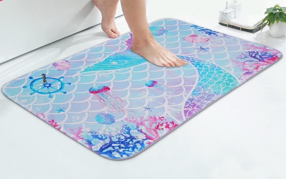 FRAMICS Juego de 2 tapetes de baño de sirena, tapetes de baño rosa y azul para niñas, alfombras de baño suaves y absorbentes, antideslizantes, para