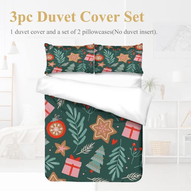 Bidesign Juego de funda de edredón tamaño Queen con temática navideña (diseño de cerezaárbol de Navidadcampana) para vacaciones (1 funda de edredón