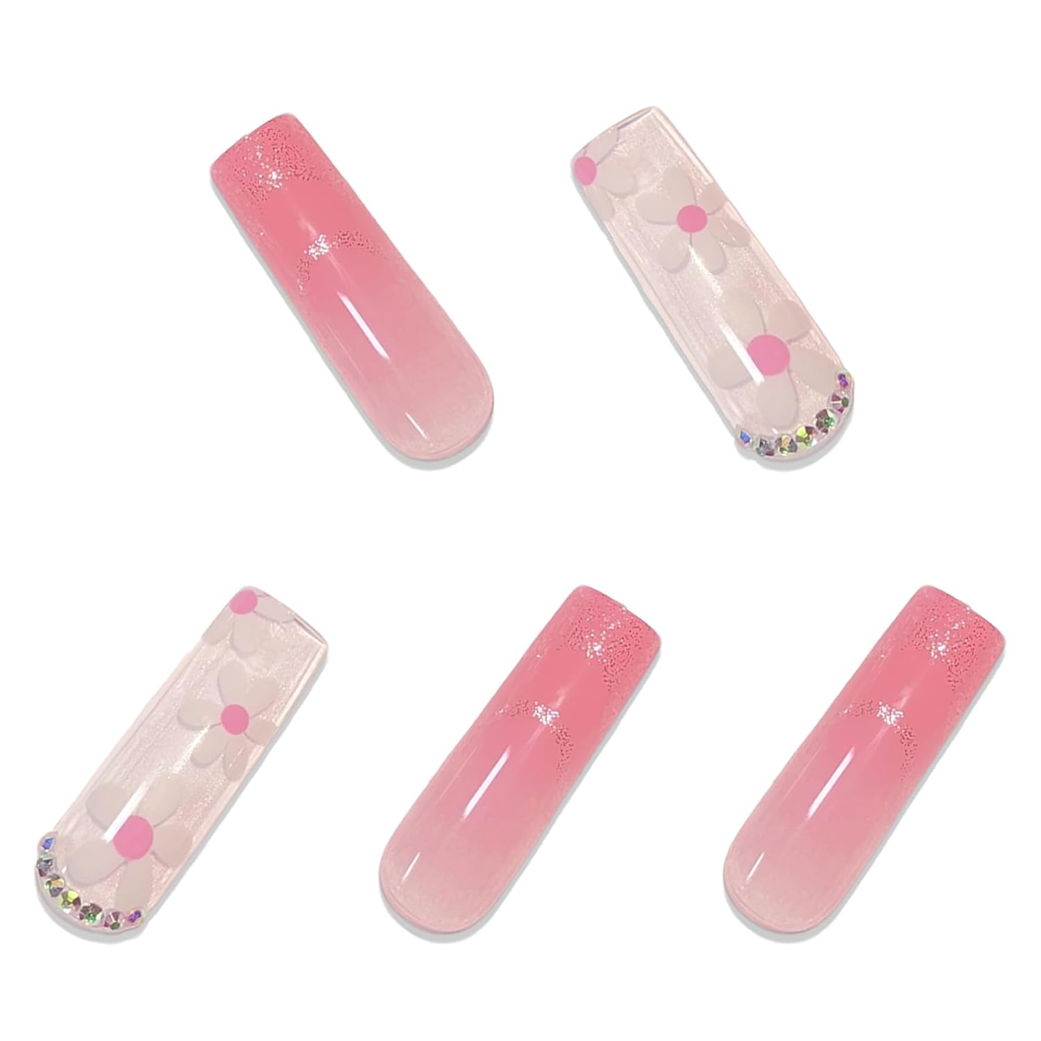 BABALAL Uñas postizas cuadradas a presión, uñas postizas largas con pegamento rosa, uñas acrílicas con flores, 24 unidades, uñas ovaladas brillantes