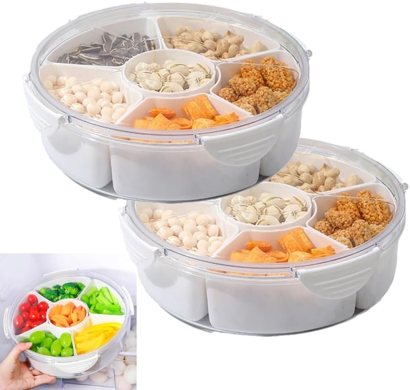 Bandeja de verduras con tapa, contenedor dividido para aperitivos con 6 compartimentos para servir fiestas, bandeja de frutas, almacenamiento de