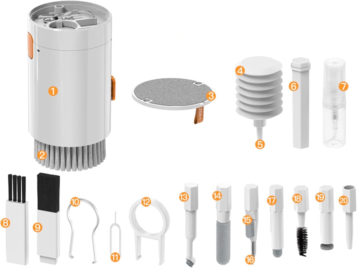 Kit de limpieza de cámara 20 en 1, pequeños accesorios multiherramienta con plumero de computadora, removedor de teclas de teclado, aerosol al