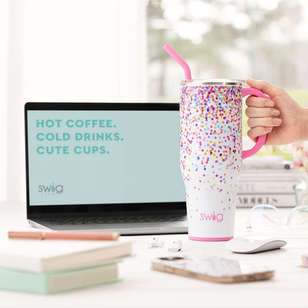 Swig Life Glamazon Rose Mega Set  Taza de viaje de 40 onzas con asa y tapa + vaso con triple aislamiento de 32 onzas con tapa, acero inoxidable,