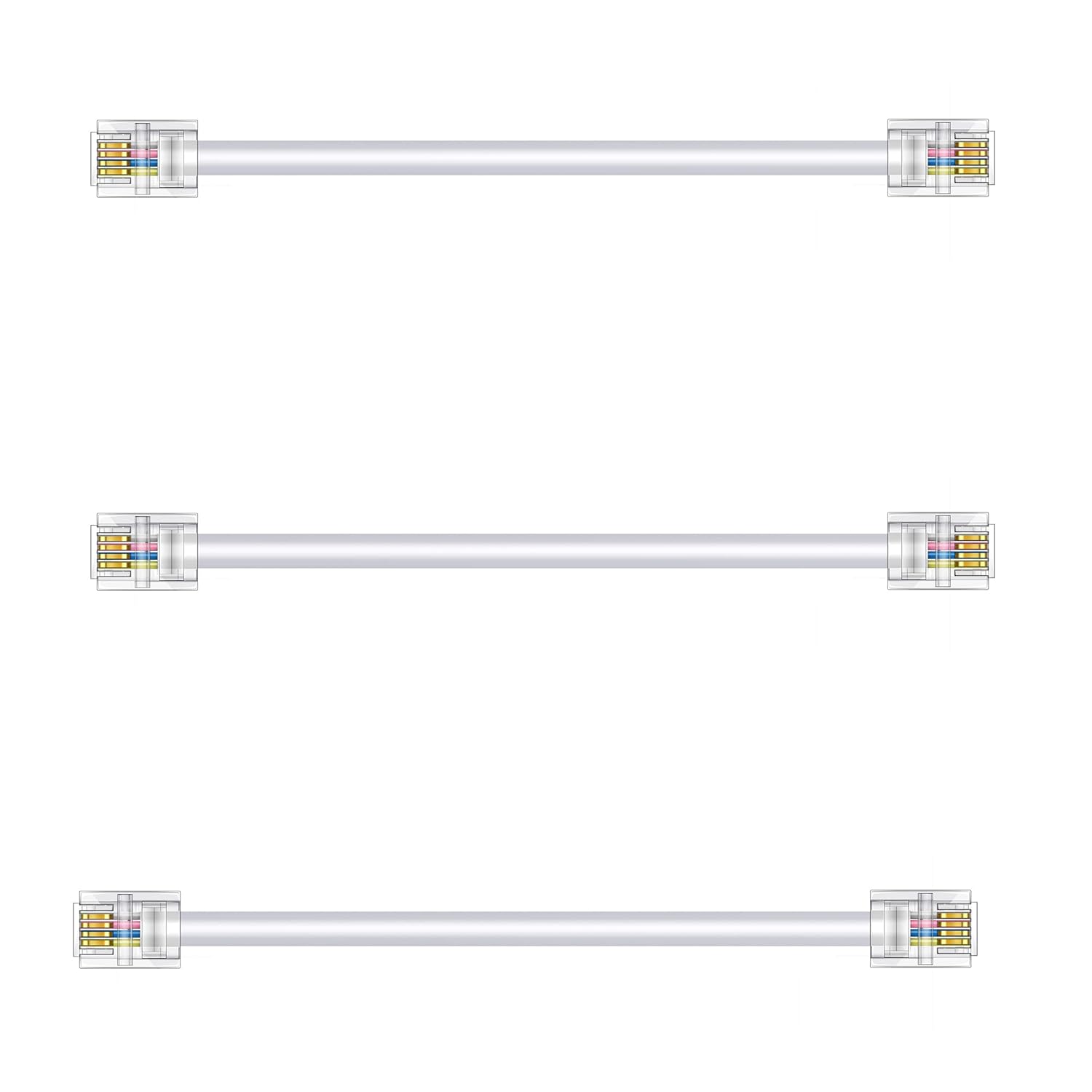 Paquete de 3 cables de extensión de teléfono de 6 pulgadas con enchufes RJ11 6P4C estándar para teléfono fijo y fax (3, blanco, 6 pulgadas)