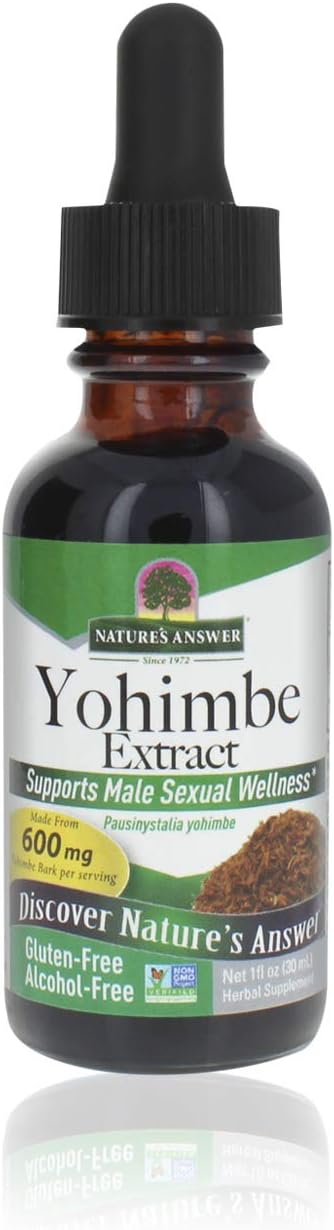 Nature’s Answer Extracto de corteza de yohimbe sin alcohol de 600 mg de 1 onza  Apoya el bienestar sexual masculino y la circulación  Promueve el
