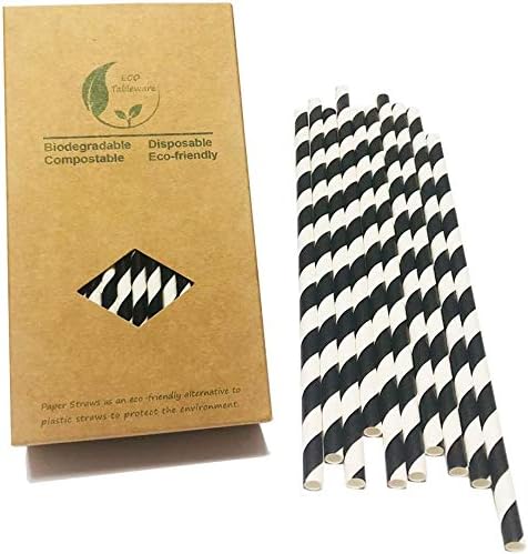 Pajitas de papel a rayas blancas y negras, 100% biodegradables y compostables pajitas de beber a rayas negras para suministros de fiesta,