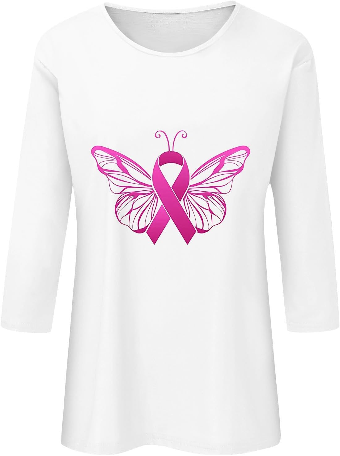 ZunFeo Camisetas de concientización sobre el cáncer de mama, manga 34, diseño de mariposa rosa, camiseta de lucha contra el cáncer de mama