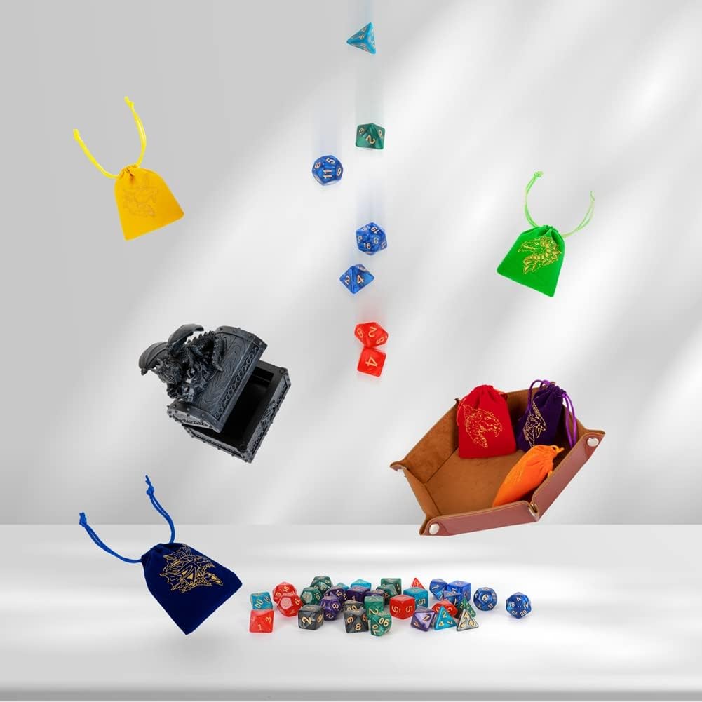 6 juegos de dados poliédricos DND Dungeons and Dragons Rolling Dice para juegos de mesa RPG MTG, dados a granel con seis bolsas con cordón y bandeja