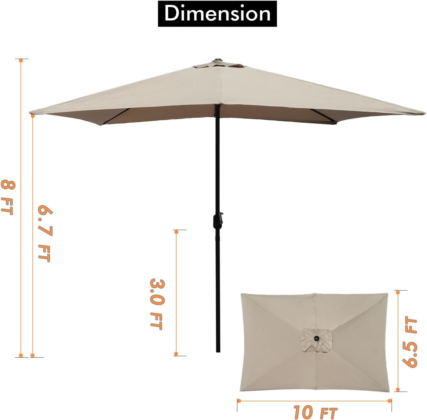 Sombrilla rectangular de patio de 6.5 x 10 pies, sombrilla de mesa de mercado al aire libre con manivela de mano, marco resistente al óxido, 6