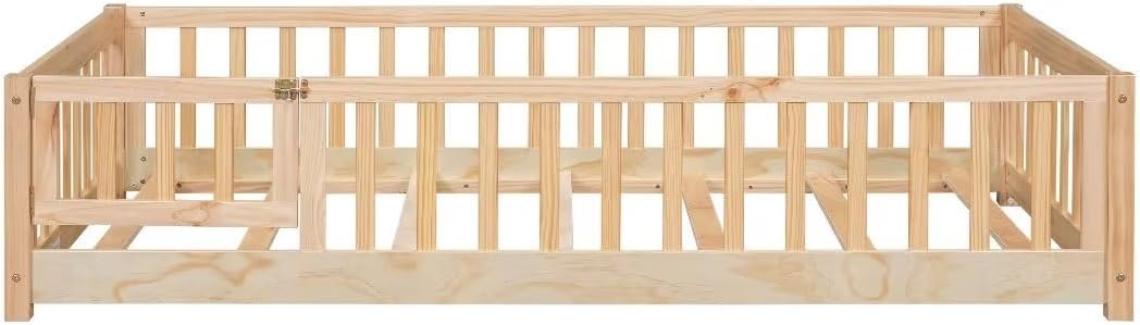 i-POOK Cama de plataforma Montessori de tamaño individual, marco de cama con barandillas en forma de valla y plataforma de madera maciza con 7