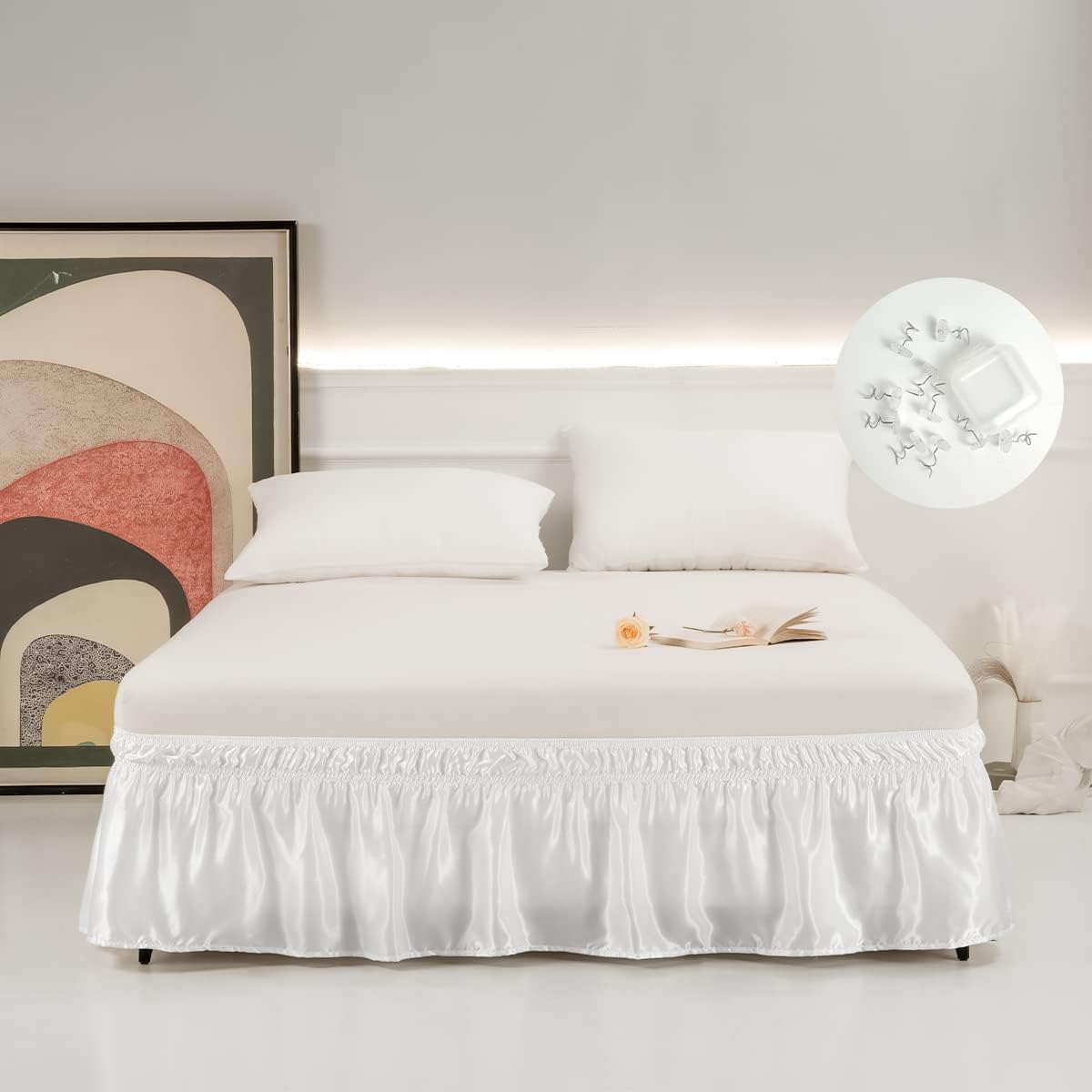 Faldas de cama de satén de seda, tamaño King, caída de 18 pulgadas con 10 alfileres de falda de cama, fáciles de instalar y resistentes a las