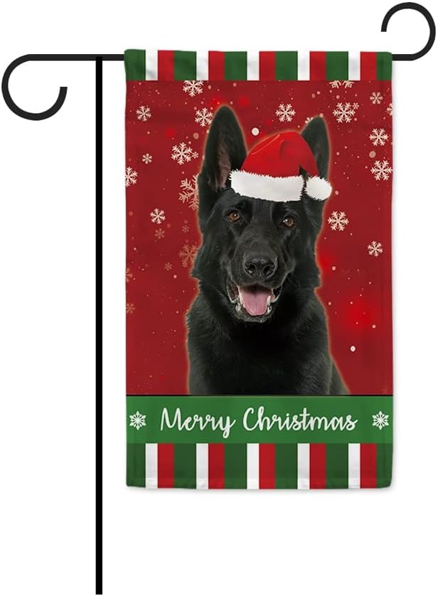 BAGEYOU Bandera de jardín de perro alemán negro con sombrero de Papá Noel, decoración de Navidad, bandera de invierno, copo de nieve, rayas verdes y
