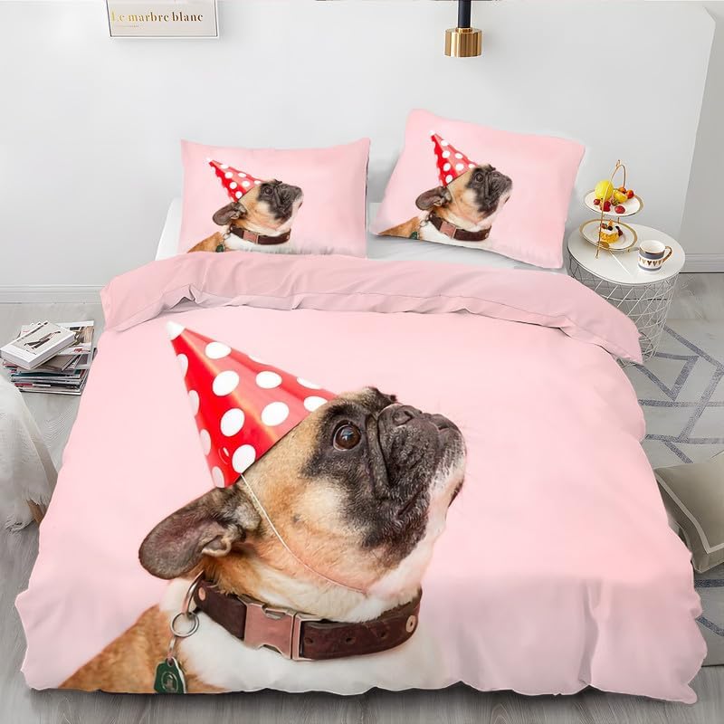 Funda de edredón de bulldog francés de color rosa, tamaño California King, ropa de cama con estampado de animales, funda de edredón de microfibra