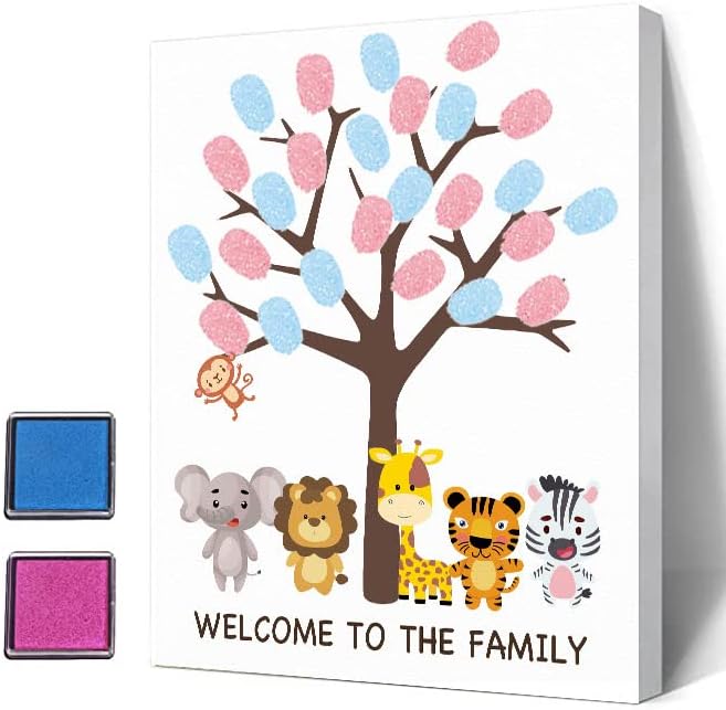 Árbol de huellas dactilares para revelación de género, lindos animales, ideas de libro de invitados para baby shower, ideas de fiesta de revelación