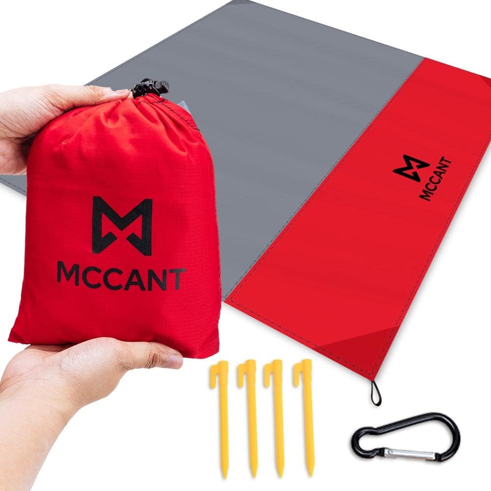MCCANT Manta de bolsillo para playa, 84 x 84 pulgadas, manta de playa de nailon extrasuave sin arena, manta de picnic impermeable con 4 estacas y