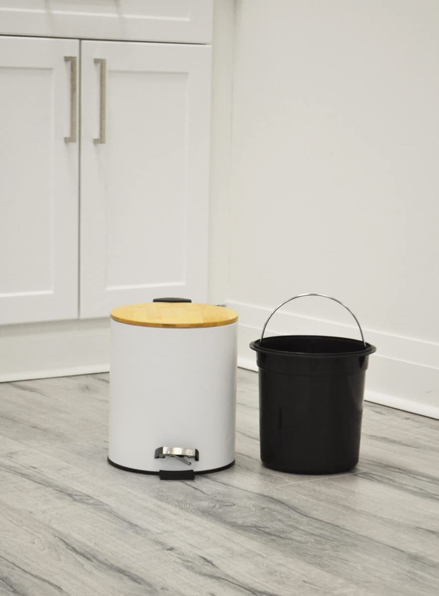 AQ Cubo de basura redondo de metal de 5 litros1.3 galones con forro extraíble y tapa de cierre suave, cubo de basura pequeño con pedal de basura