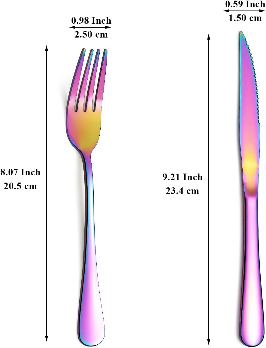 Evanda Rainbow – Juego de 24 cuchillos para carne, acero inoxidable chapado en titanio arcoíris, 12 tenedores y 12 cuchillos de cena, cuchillos para