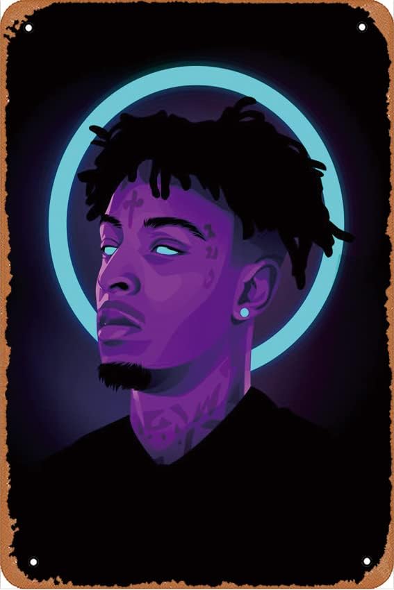 21 Savage Neon – Póster musical de metal para decoración de pared moderna para dormitorio, oficina, hogar, pared, habitación, 8 x 12 pulgadas