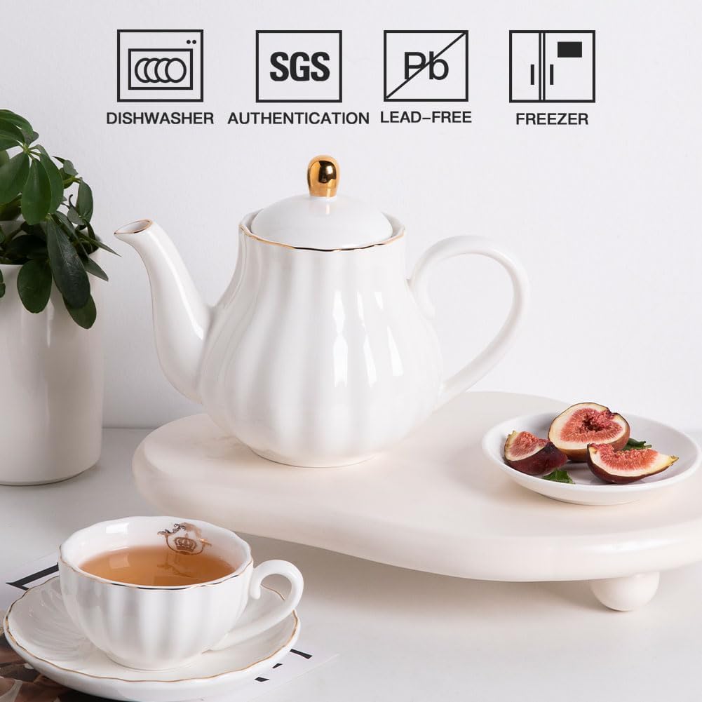 Sweejar Royal Teapot, tetera de cerámica con infusor extraíble de acero inoxidable, tetera de hojas sueltas y florecientes, 40 onzas (blanco)