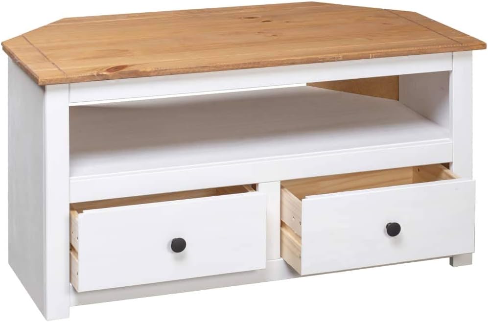 vidaXL Soporte esquinero para TV de madera de pino macizo, estilo escandinavo, color blanco y madera natural, con 2 cajones y compartimento abierto,