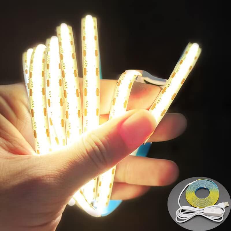 COB Tira de luz con interruptor USB 5V Highlight LED luz para dormitorio, 6.56 pies (6.6 ft), 600 LED, impermeable, flexible, autoadhesiva, luz para