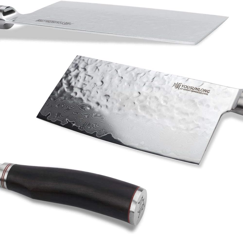 YOUSUNLONG Carne Cleaver – Cuchillo chino para verduras de 7 pulgadas, acero de damasco martillado japonés, mango de madera de plomo natural