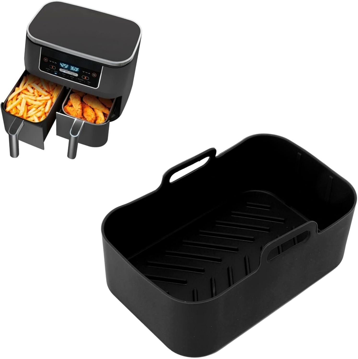 Juego de 2 cestas y tapetes de silicona para freidora, reutilizables, antiadherentes, resistentes al calor, rectangular, accesorios para horno de