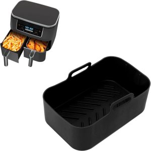 Juego de 2 cestas de silicona para freidora, olla de cocina de aire de silicona, para Ninja DZ201 Foodi 8QT freidora doble con cepillo y clip Juego de 2 cestas de silicona para freidora, olla de cocina de aire de silicona, para Ninja DZ201 Foodi 8QT freidora doble con cepillo y clip