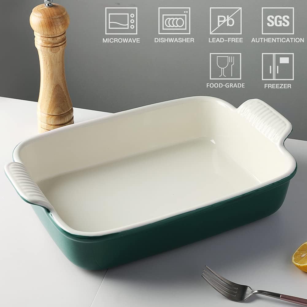 Sweejar Plato de porcelana para hornear, cazuela para horno, utensilios rectangulares de 13 x 9.8 pulgadas, bandeja para lasaña profunda con asas