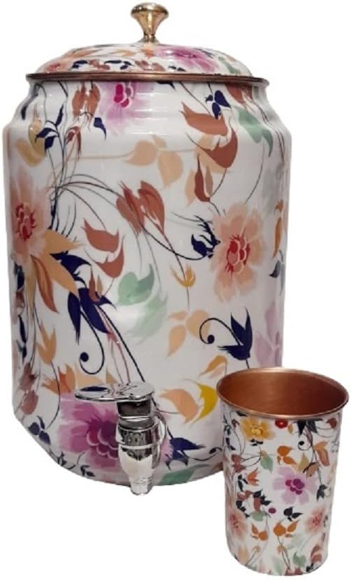 ORNATE INTERNATIONAL – Enfriador de agua de cobre, dispensador, mate, almacenamiento de agua, 5 litros, con 1.0fl oz, 2 vidrios y 2 mismos diseños