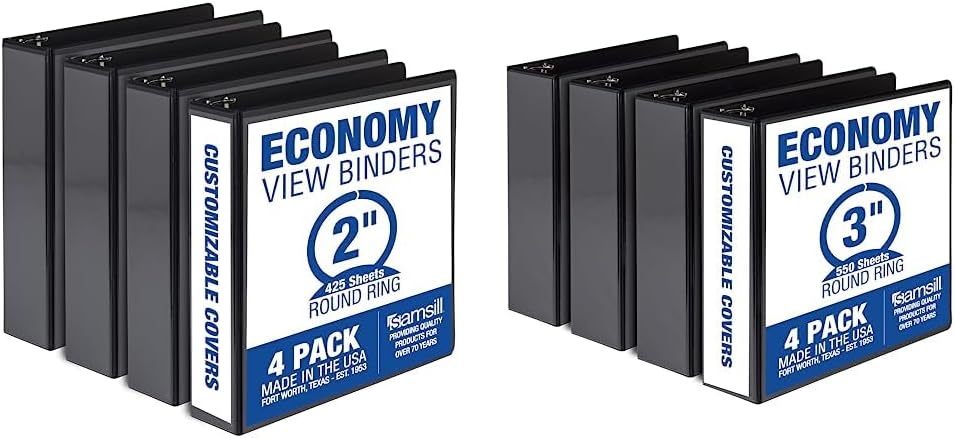 Samsill Economy – Carpeta de 3 anillos redondos de 2 pulgadas, color negro, paquete de 4 (MP48560) y carpeta económica de 3 anillos de 3 pulgadas,
