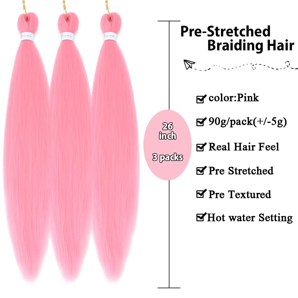 Extensiones de cabello trenzado color rosa, cabello sintético preestirado, cabello trenzado de color, cabello de ganchillo preestirado (3 paquetes,