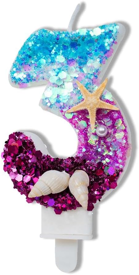 Vela número 3, vela de cumpleaños azul y morado para usar como parte de una fiesta bajo el mar o sirena