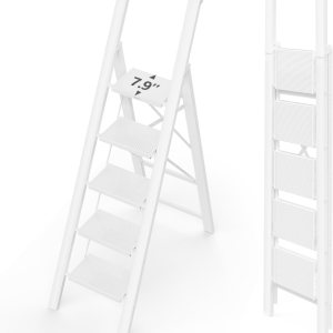 Escalera de 5 peldaños con peldaños anchos, escalera ligera portátil con asa, escalera plegable de aluminio con pies antideslizantes, fácil de Escalera de 5 peldaños con peldaños anchos, escalera ligera portátil con asa, escalera plegable de aluminio con pies antideslizantes, fácil de