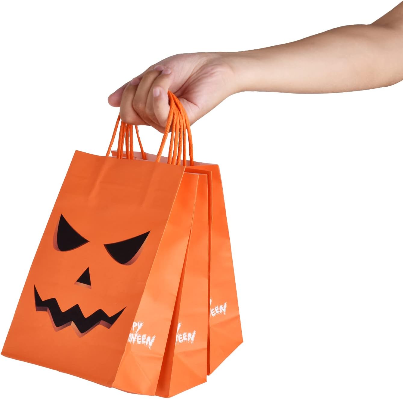 Gatherfun Bolsas de regalo de papel kraft con diseño de calabazas aterradoras con asa, bolsas de regalos para fiesta de Halloween, paquete de 24, 9