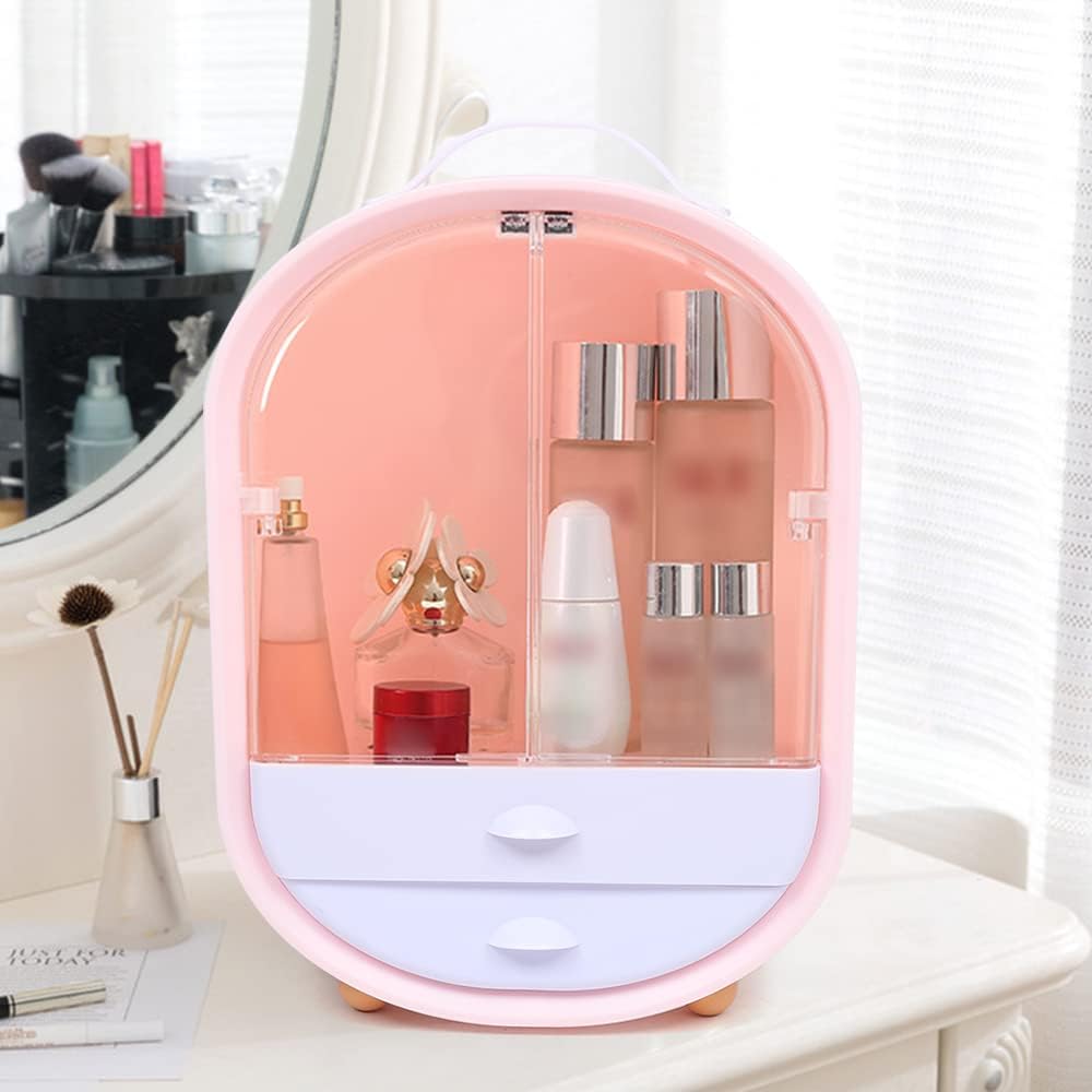 Organizador de maquillaje rosa con almacenamiento de 2 capas, organizadores portátiles para el cuidado de la piel, vitrina de cosméticos a prueba de