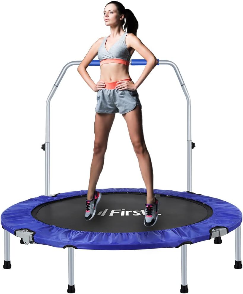FirstE Mini trampolín de fitness de 50 pulgadas para adultos, trampolín plegable de ejercicio con 5 niveles de mango de espuma ajustable, trampolín