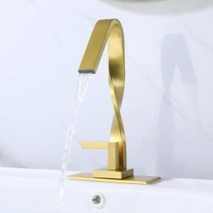 Grifo de baño en cascada, grifos de fregadero de oro cepillado para 1 o 3 agujeros, grifo de latón de una sola manija con placa de escritorio de 6 Grifo de baño en cascada, grifos de fregadero de oro cepillado para 1 o 3 agujeros, grifo de latón de una sola manija con placa de escritorio de 6
