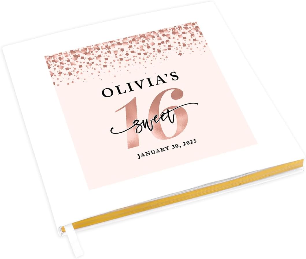 Andaz Press Libro de invitados personalizado Sweet 16 con acentos dorados, confeti de oro rosa, 120 páginas de 8.5 x 8.5 pulgadas, tapa dura, álbum