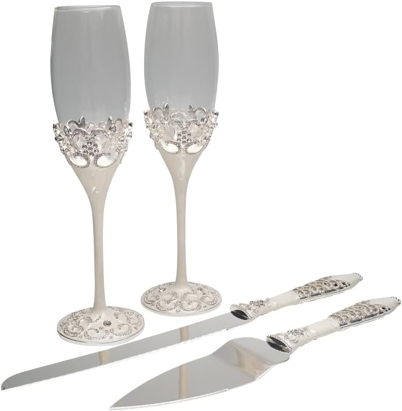 Lassos Boutique Juego de 4 piezas de copas de tostadas de champán y pastel para tartas, juego de servidor de tarta, plateado