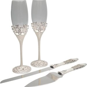Lassos Boutique Juego de 4 piezas de copas de tostadas de champán y pastel para tartas, juego de servidor de tarta, plateado Lassos Boutique Juego de 4 piezas de copas de tostadas de champán y pastel para tartas, juego de servidor de tarta, plateado