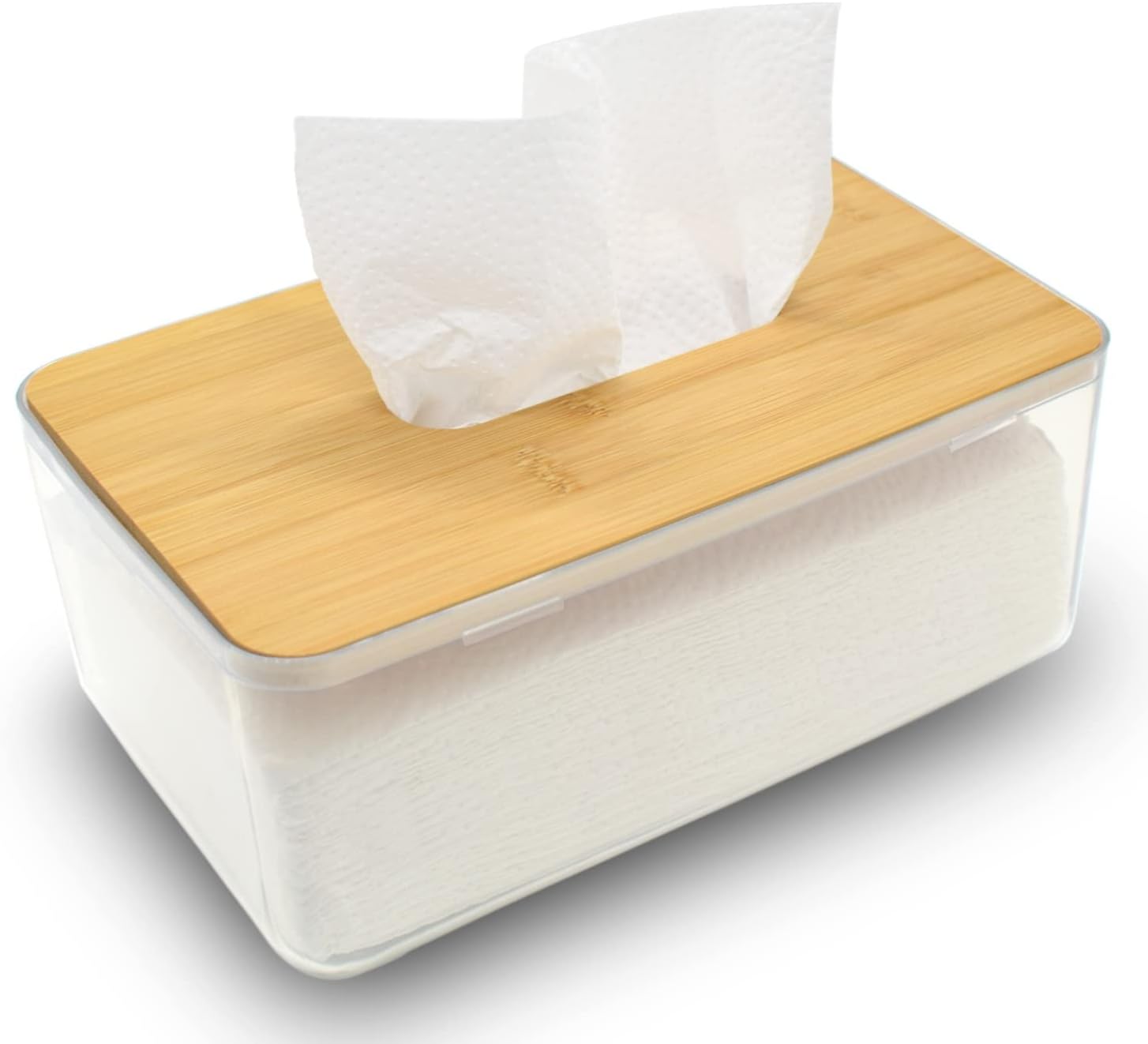 Soporte para pañuelos, caja dispensadora de hojas para secadora con tapa de madera de bambú, recipiente transparente, diseño minimalista moderno,