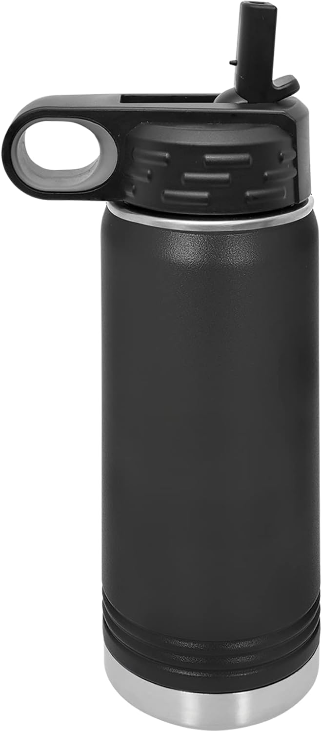 LaserGram Botella de agua con tapa abatible de doble pared de 20 onzas con pajilla, pelota de fútbol, grabado personalizado incluido (negro)
