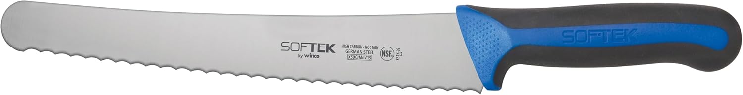 Winco Sof-Tek, cuchillo de panpastelería de 10 pulgadas de ancho, mango de agarre suave, platanegroazul