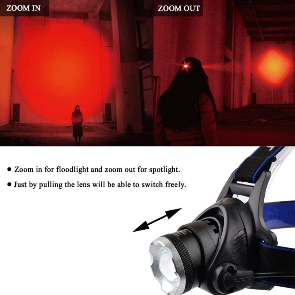 Linterna frontal recargable de 80000 lúmenes, luz roja de caza, faros LED superbrillantes, faros rojos con zoom, impermeable, 3 modos, lámpara de