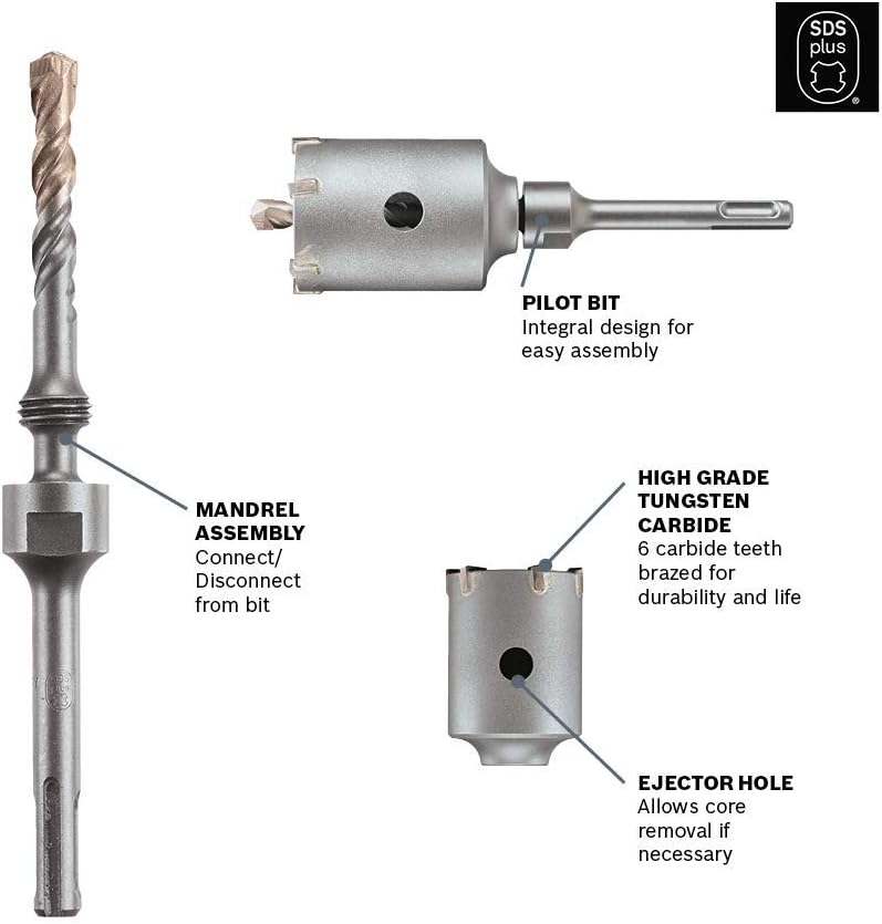 Bosch T3912SC Broca de núcleo de pared delgada SDS-Plus SPEEDCORE de 1 -38 pulgadas para eliminación de mampostería, ladrillos y bloques