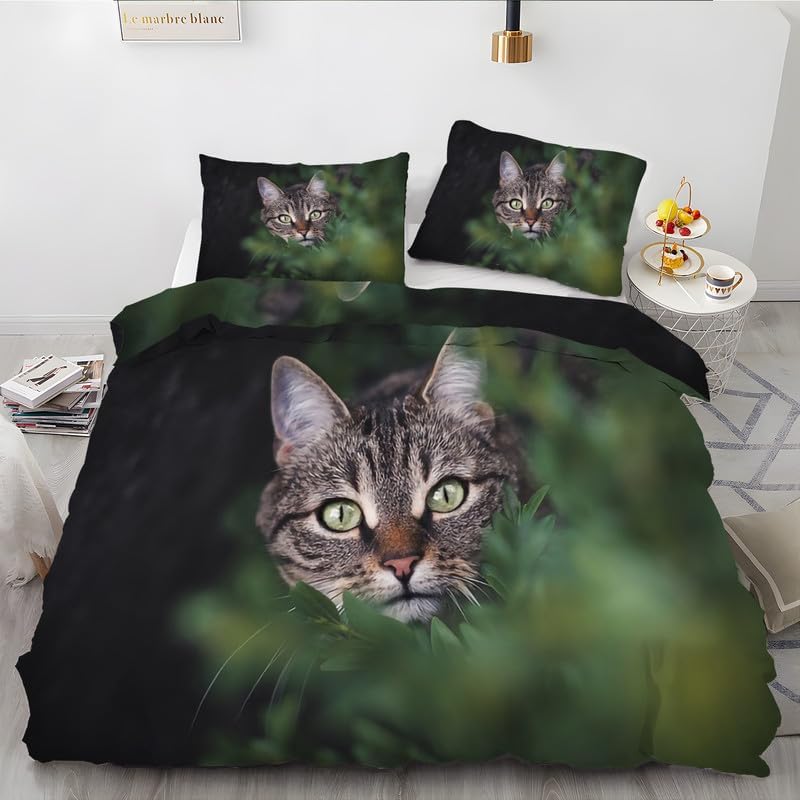 Dark Green Civet Cat King Duvet Cover Animal Print King Bedding Set Soft Microfiber Comforter Cover and 2 Pillow Shams 20″X36″, Bed Set Duvet Covers