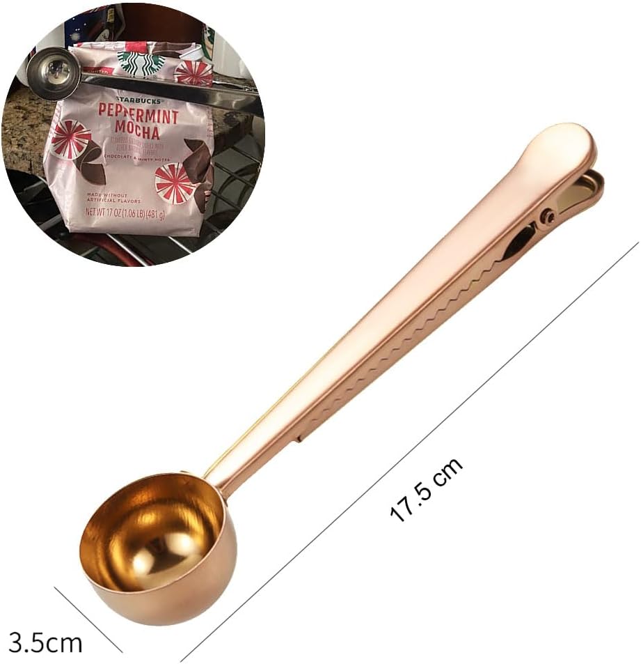 Paquete de 2 cucharas de café, cucharas medidoras de acero inoxidable con clip para bolsa de café molido, expreso, granos de café (oro rosa y oro