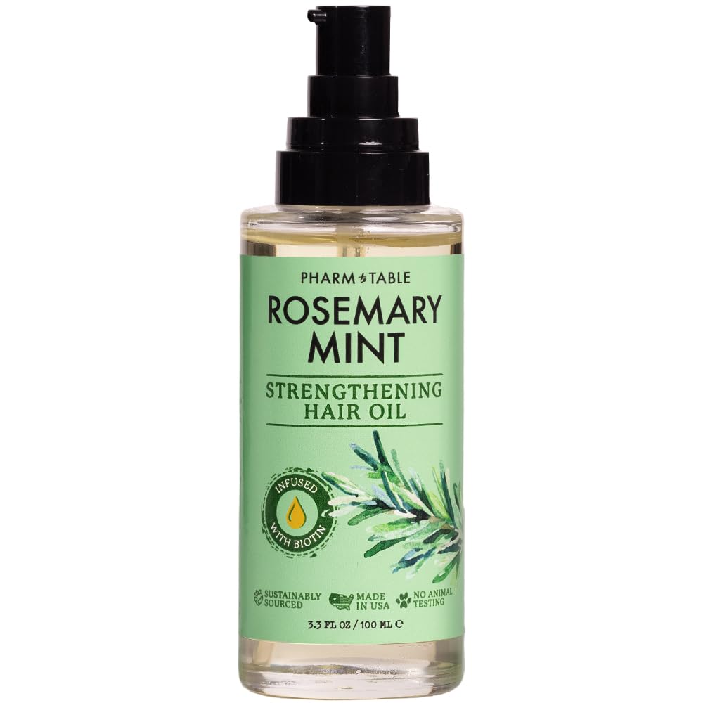 PHARM TO TABLE Aceite para el cabello de romero y menta, infundido con biotina, nutre el cuero cabelludo, estimula el crecimiento del cabello, 3.5
