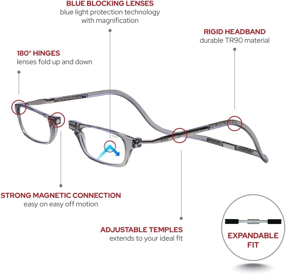 Clic Lentes de lectura magnéticos con bloqueo de luz azul, lectores de computadora con patillas ajustables, expandibles originales (M-XL)